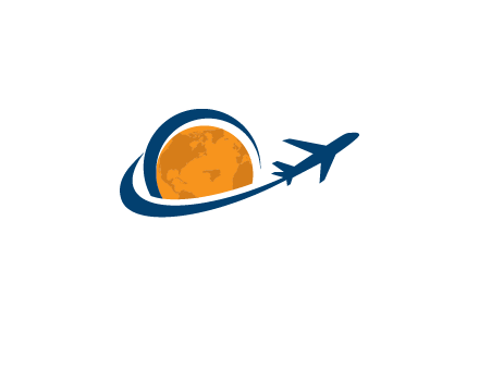 swoosh around moon with airplane travel logo