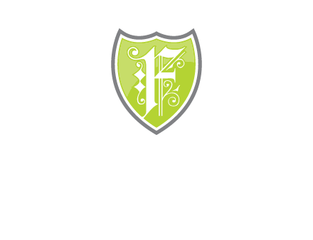 calligraphic letter f inside the shield logo