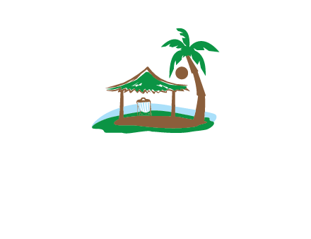 lounger under tent and palm tree on island travel logo icon