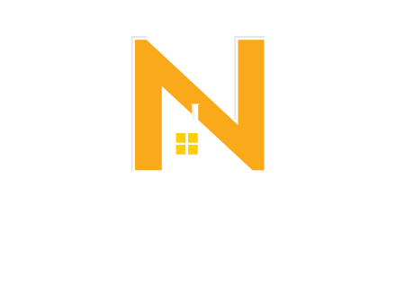 house in front of letter n logo