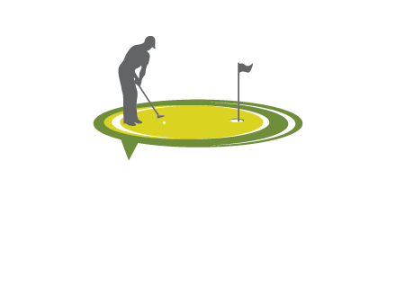 man playing golf on turf with flag logo