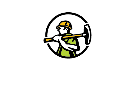 outline man holding axe in circle construction logo