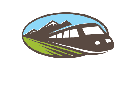 mountains and bullet train in oval illustration logo