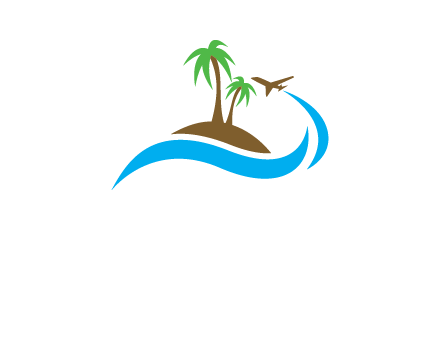 palm trees on island and airplane travel logo