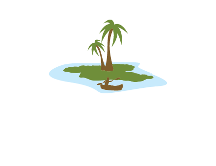 man rowing canoe to palm trees island illustration