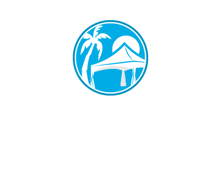 palm tree and tent in circle travel logo