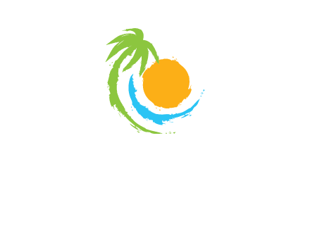 palm tree and wave curving around the sun logo