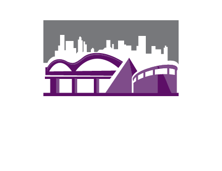 city skyline logo with skyscrapers, a pyramid and rail road bridge