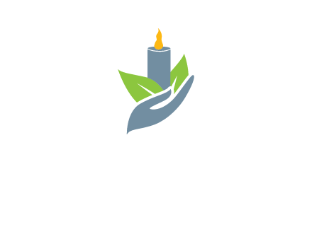 leaves and candle resting on a hand logo