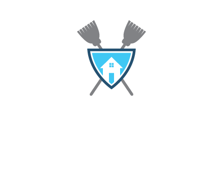 crossed brooms behind a shield with a home icon