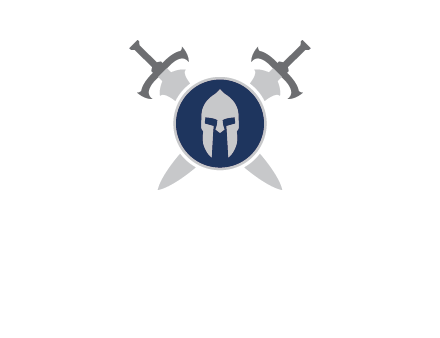 crossed swords behind a circle shield with a gladiator helmet emblem