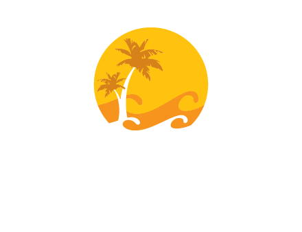 sun logo with palm trees and waves in front