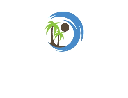 blue brush stoke or waves around sun and palm trees logo