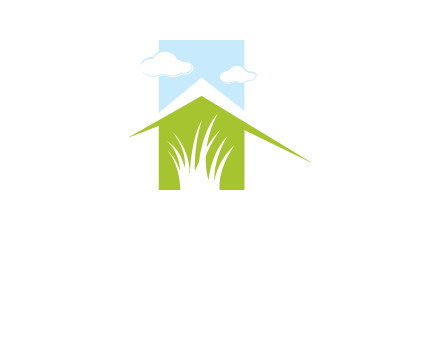 home inside a landscaping logo with grass and clouds