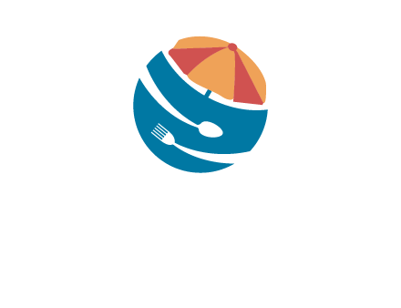 beach umbrella, fork and spoon in a circle logo