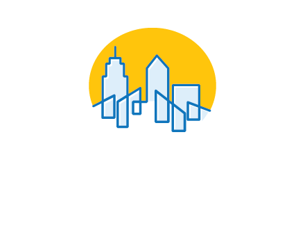 city buildings with sun behind logo