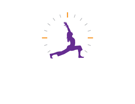 woman doing yoga with clock ticks logo